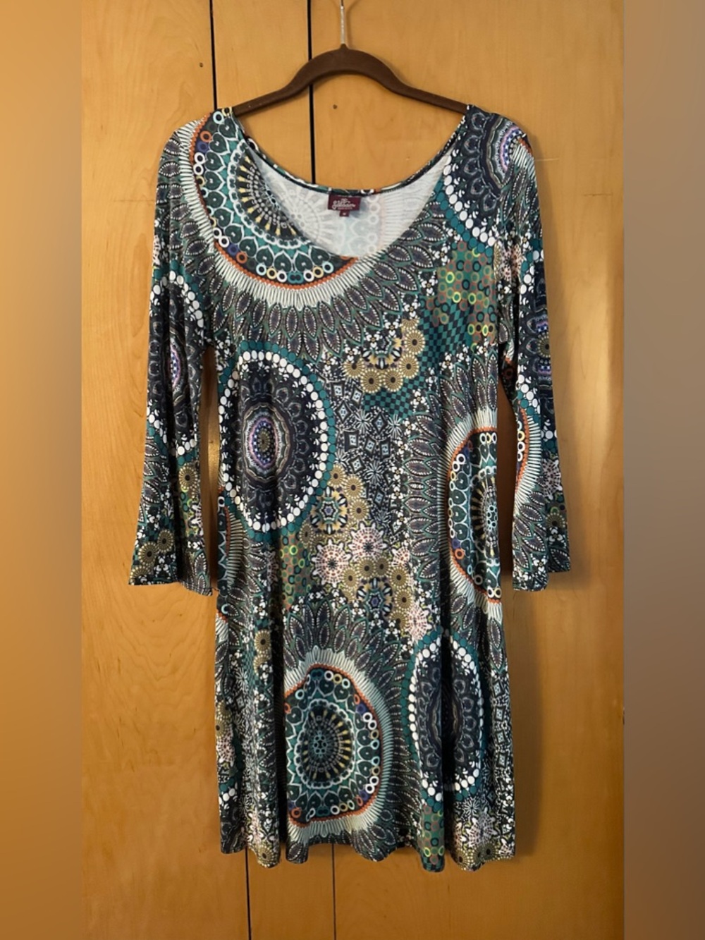 Salaam Lucy Tunic Dress 3/4 Sleeve Teal Mandala Medallion Boho Stretch Rayon M